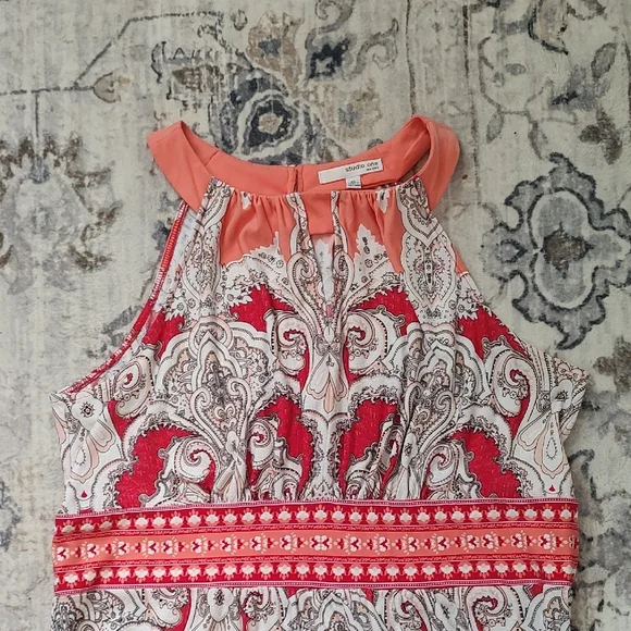 Studio One Coral and Pink Paisley Maxi Dress. Halter Top. - Picture 2 of 3